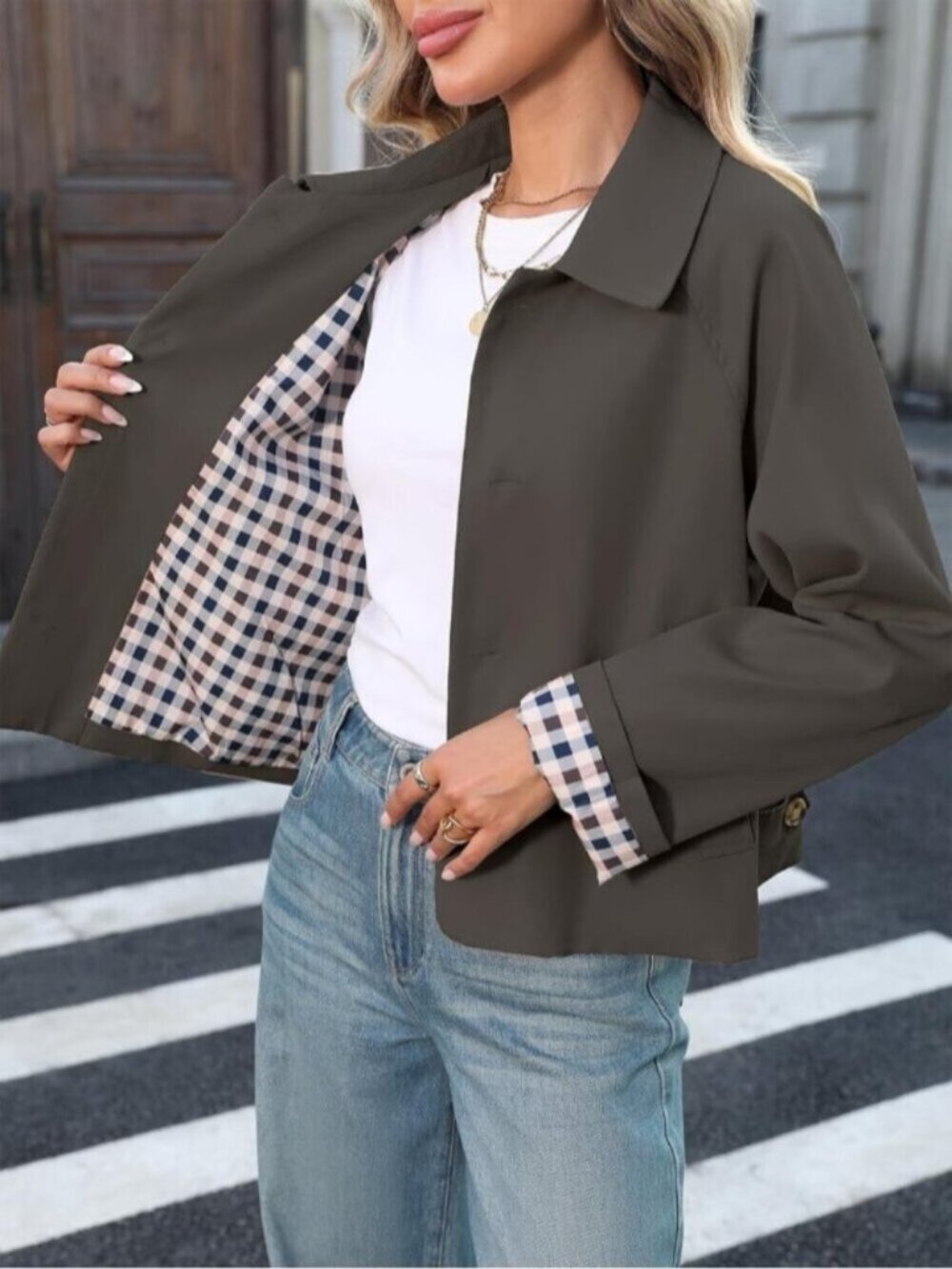 Women Grey Cropped Plaid Cuff Button Front Single Breasted Lining Trench Coat - Picture 6 of 6